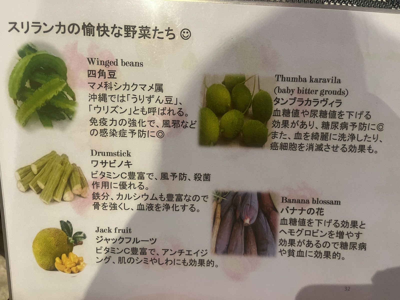 四角豆やフルーツを紹介するカード